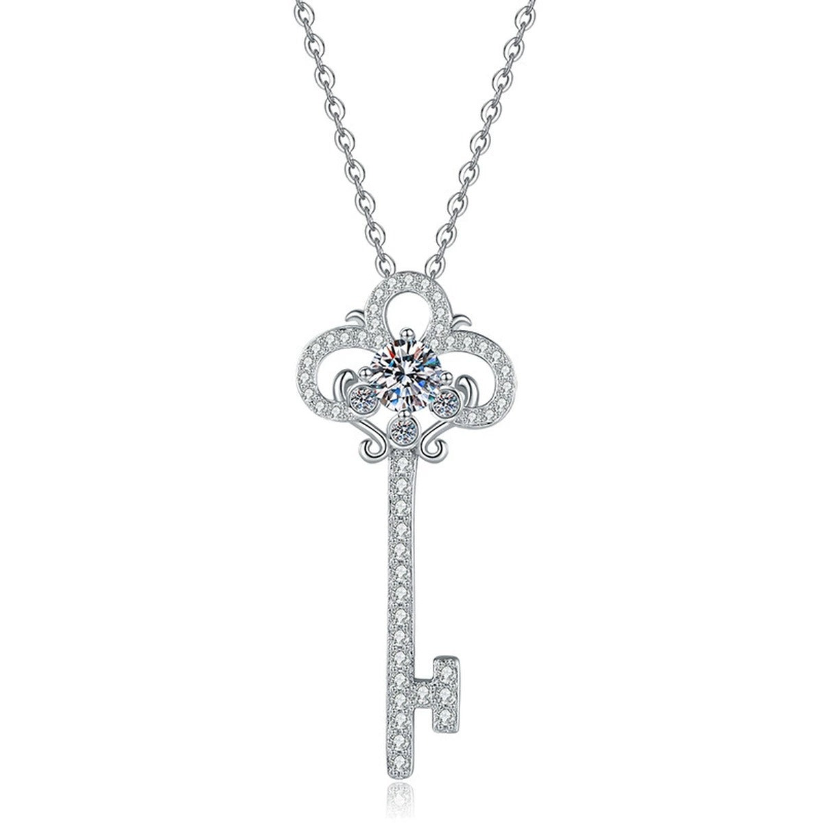 Key Moissanite Pendant Necklace in Platinum-Plated S925 Sterling Silver on clean white background showing the slender key pendant with a round moissanite
