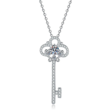 Key Moissanite Pendant Necklace in Platinum-Plated S925 Sterling Silver on clean white background showing the slender key pendant with a round moissanite