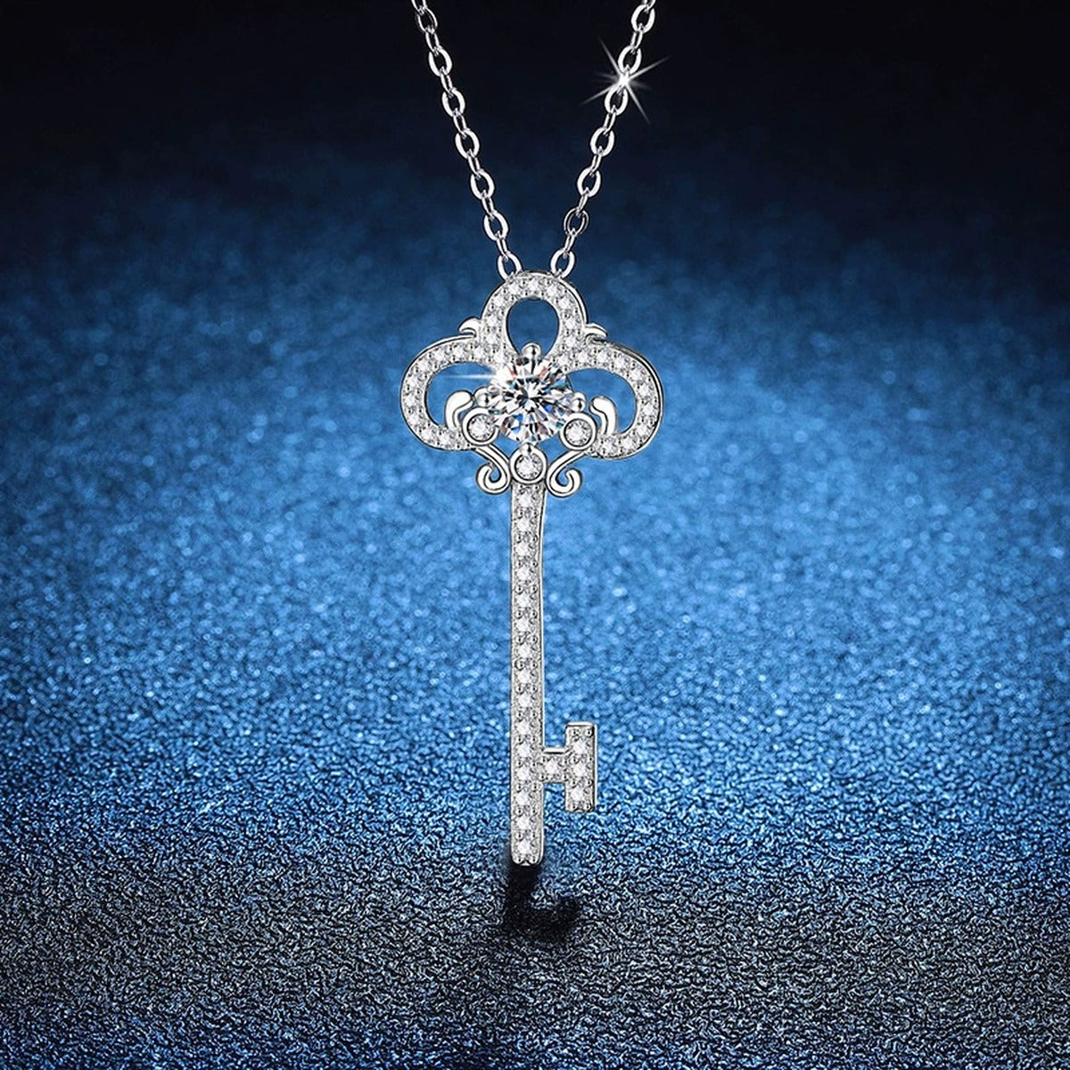 Key Moissanite Pendant Necklace in Platinum-Plated S925 Sterling Silver blue background product view