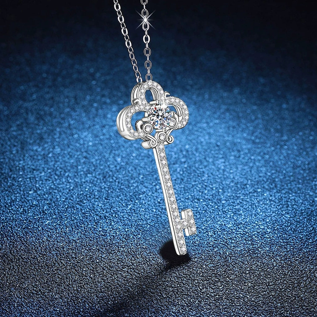 Key Moissanite Pendant Necklace in Platinum-Plated S925 Sterling Silver blue background close-up view