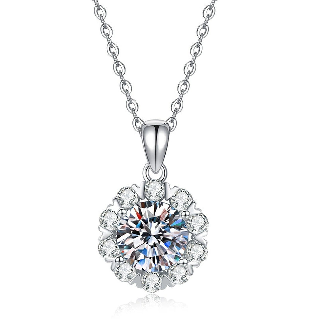 Floral Halo Moissanite Pendant Necklace in Platinum-Plated S925 Sterling Silver on clean white background showing the floral halo pendant with a large round center stone