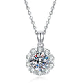 Floral Halo Moissanite Pendant Necklace in Platinum-Plated S925 Sterling Silver on clean white background showing the floral halo pendant with a large round center stone