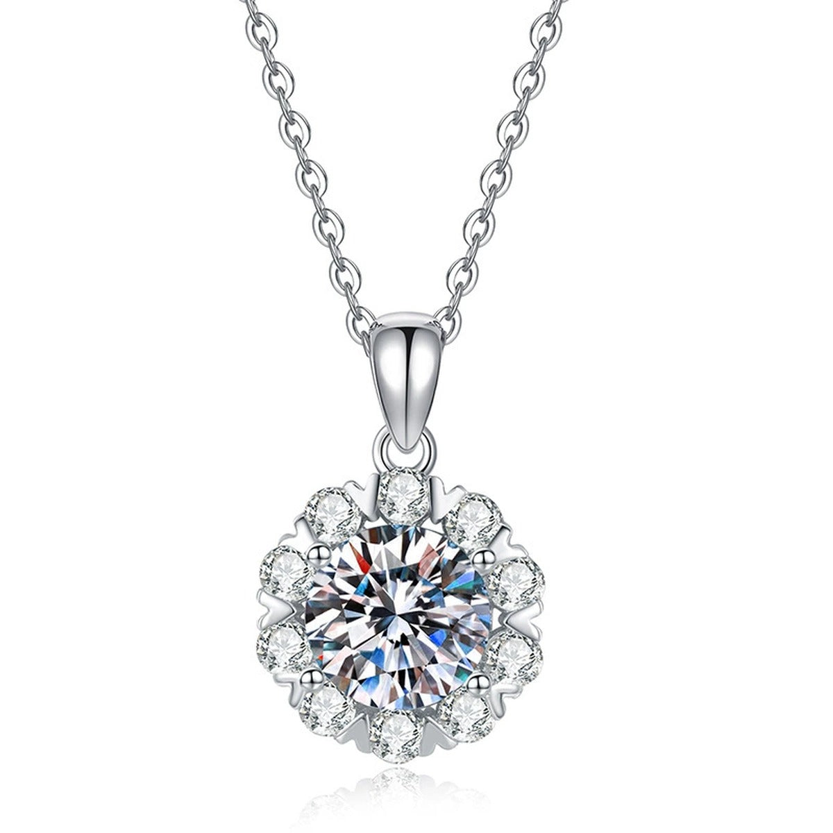 Floral Halo Moissanite Pendant Necklace in Platinum-Plated S925 Sterling Silver on clean white background showing the floral halo pendant with a large round center stone