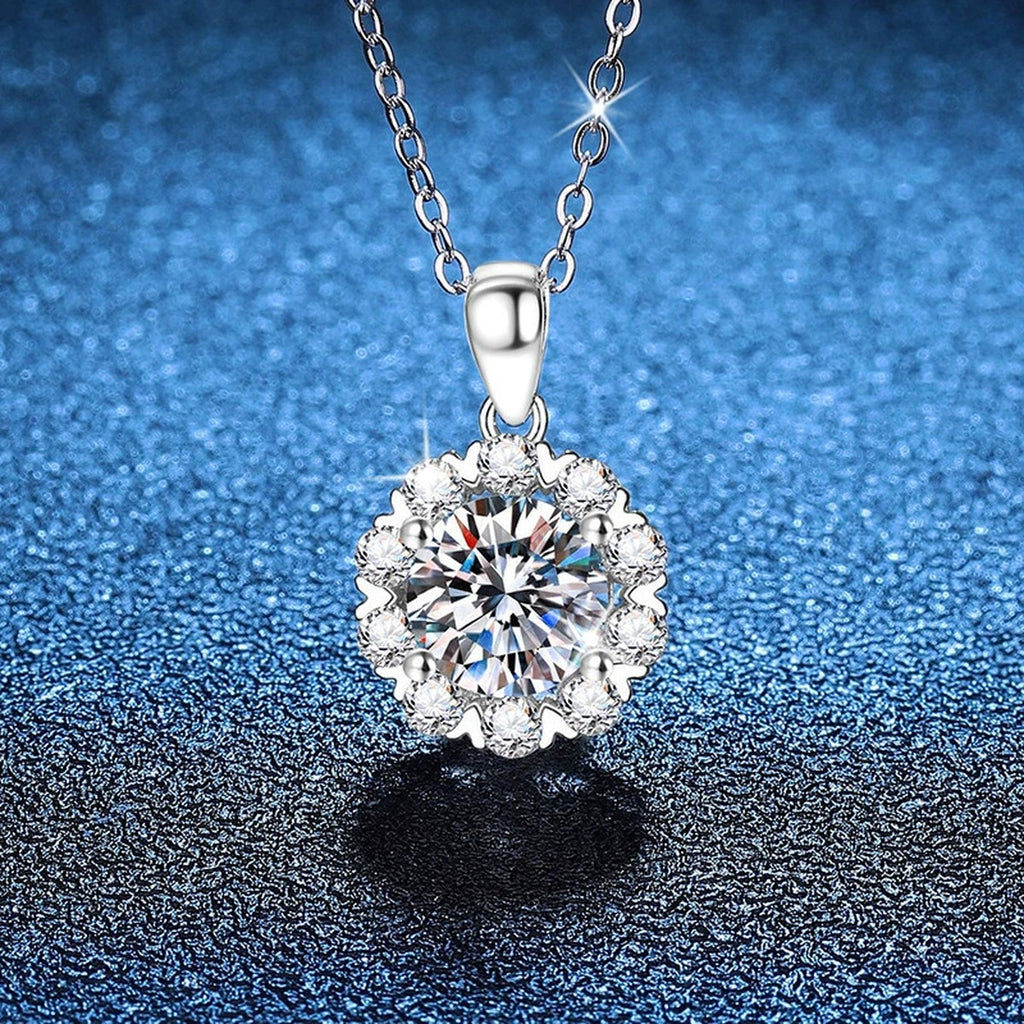 Floral Halo Moissanite Pendant Necklace in Platinum-Plated S925 Sterling Silver blue background product view