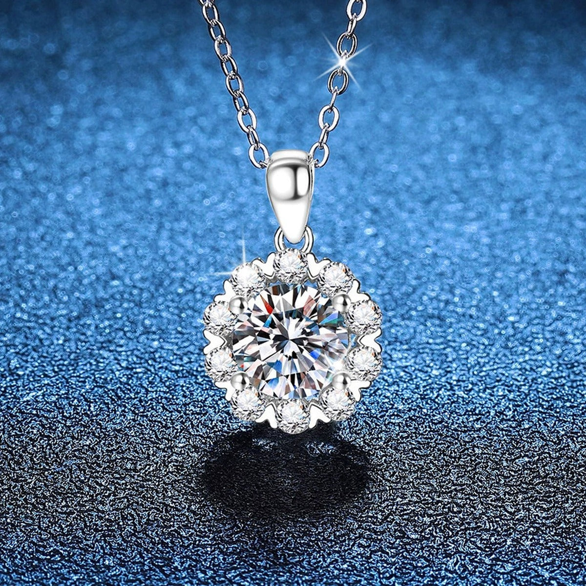 Floral Halo Moissanite Pendant Necklace in Platinum-Plated S925 Sterling Silver blue background product view