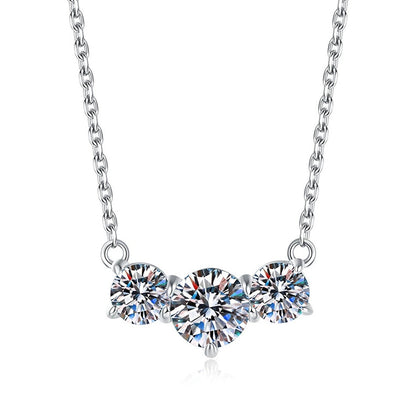 Three-Stone Moissanite Station Necklace in Platinum-Plated S925 Sterling Silver on clean white background showing the three-stone station necklace with a center round moissanite