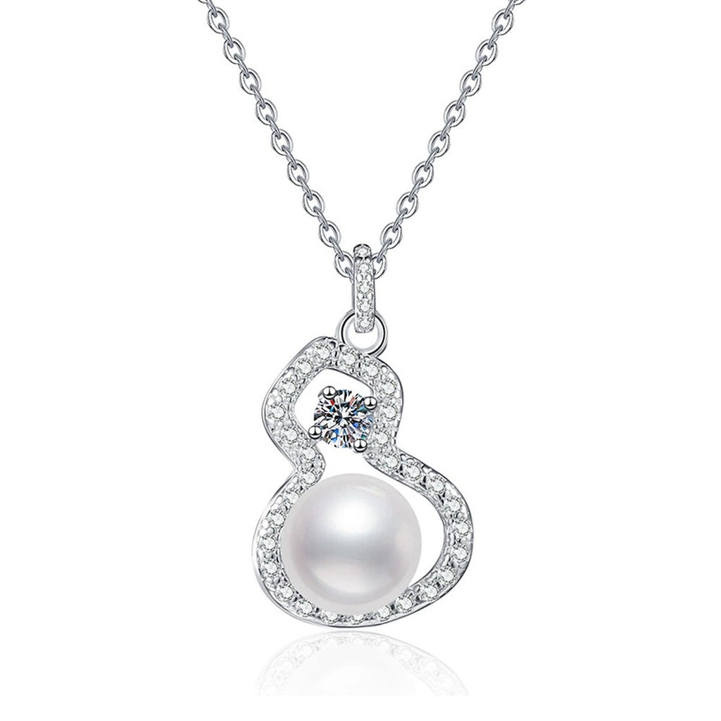 Swirl Moissanite Freshwater Pearl Pendant Necklace with Cubic Zirconia in White Gold-Plated S925 Sterling Silver on clean white background showing the swirl drop pendant with a freshwater pearl and moissanite accent