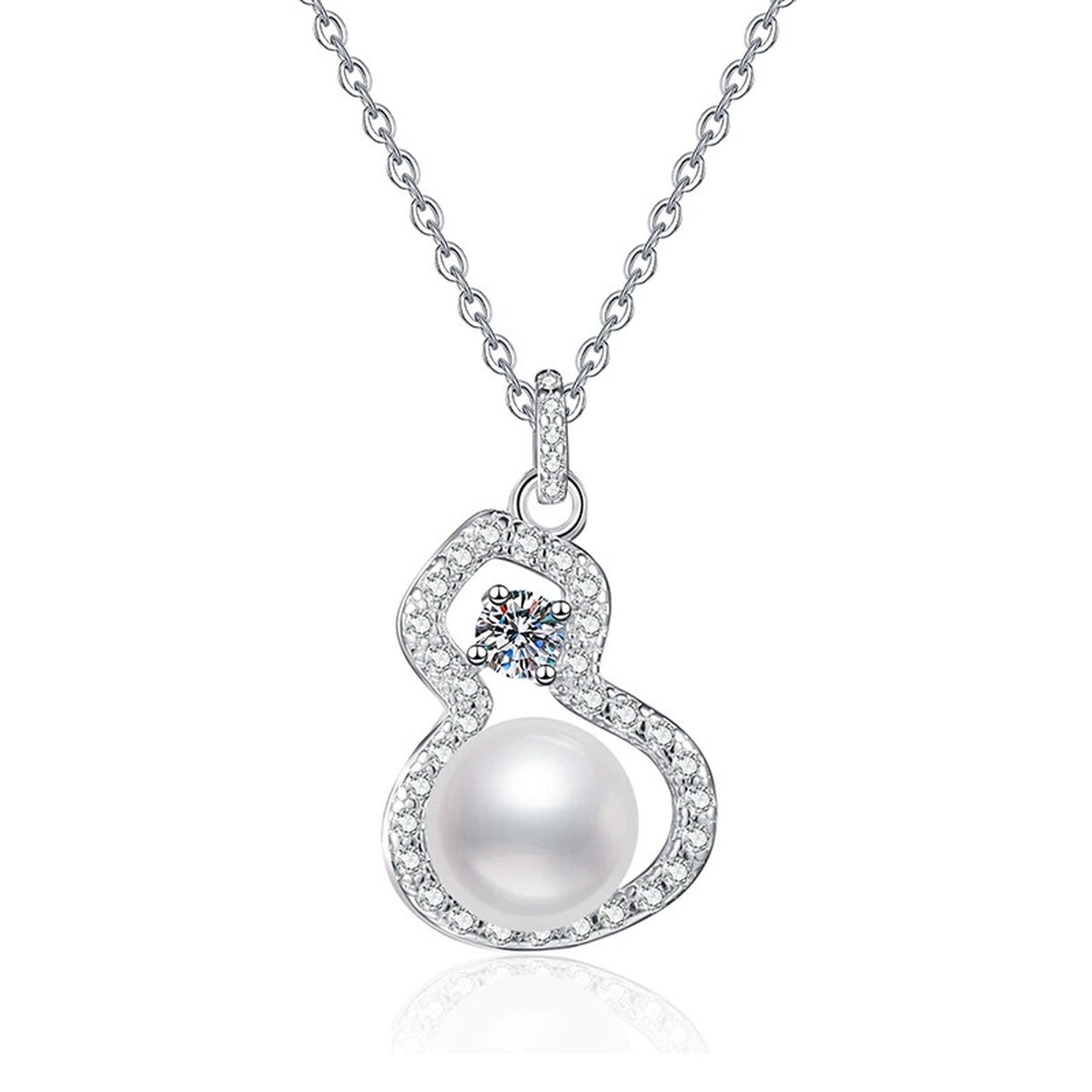 Swirl Moissanite Freshwater Pearl Pendant Necklace with Cubic Zirconia in White Gold-Plated S925 Sterling Silver on clean white background showing the swirl drop pendant with a freshwater pearl and moissanite accent