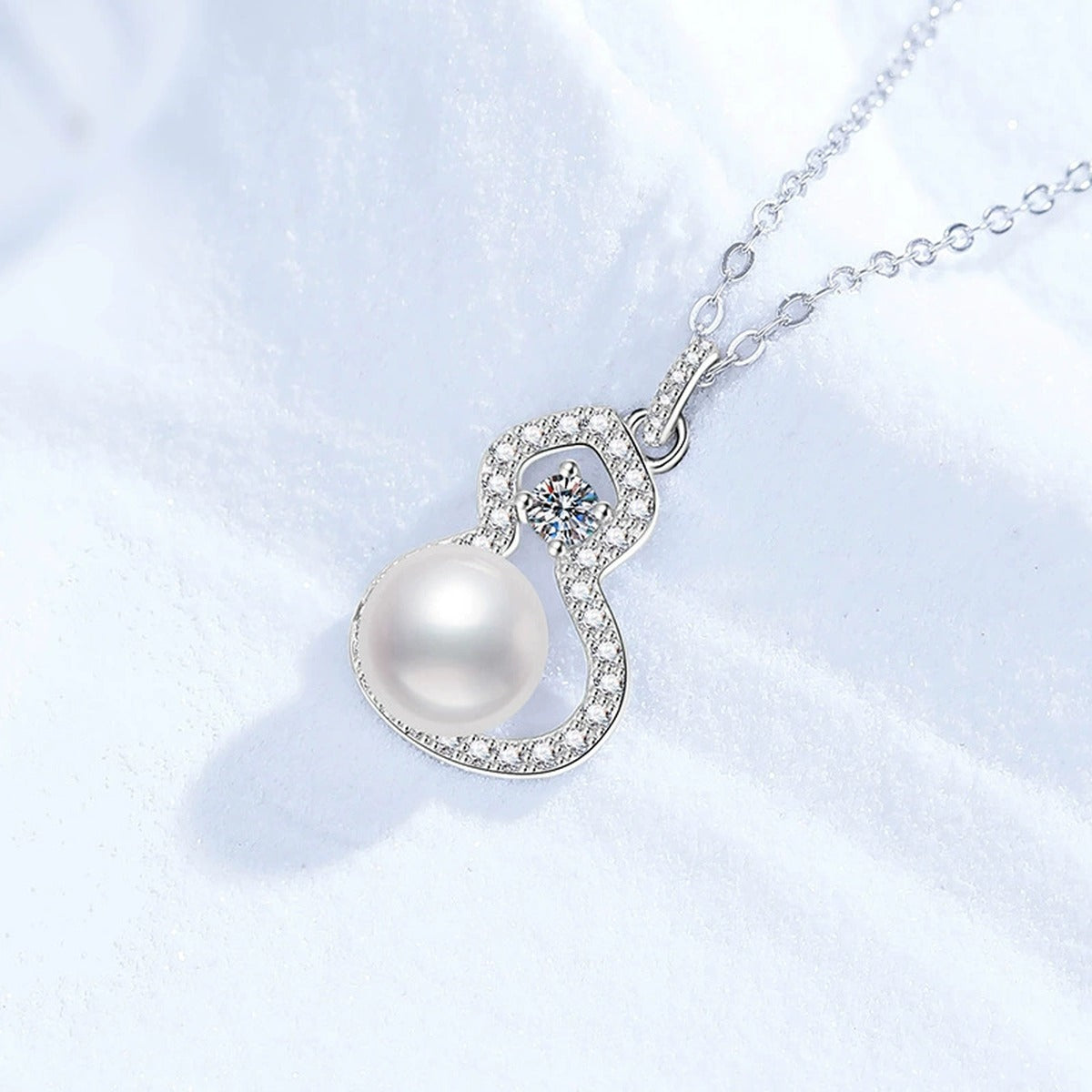 Swirl Moissanite Freshwater Pearl Pendant Necklace with Cubic Zirconia in White Gold-Plated S925 Sterling Silver close-up product detail view