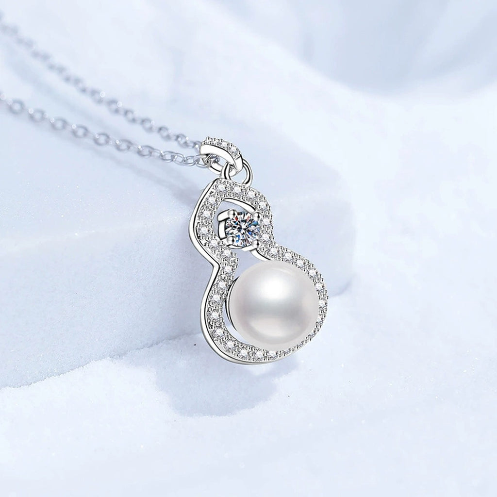 Swirl Moissanite Freshwater Pearl Pendant Necklace with Cubic Zirconia in White Gold-Plated S925 Sterling Silver close-up product detail view