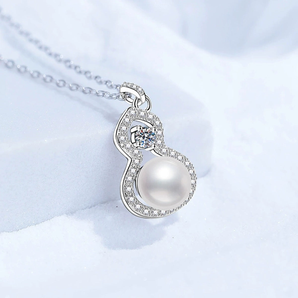 Swirl Moissanite Freshwater Pearl Pendant Necklace with Cubic Zirconia in White Gold-Plated S925 Sterling Silver close-up product detail view