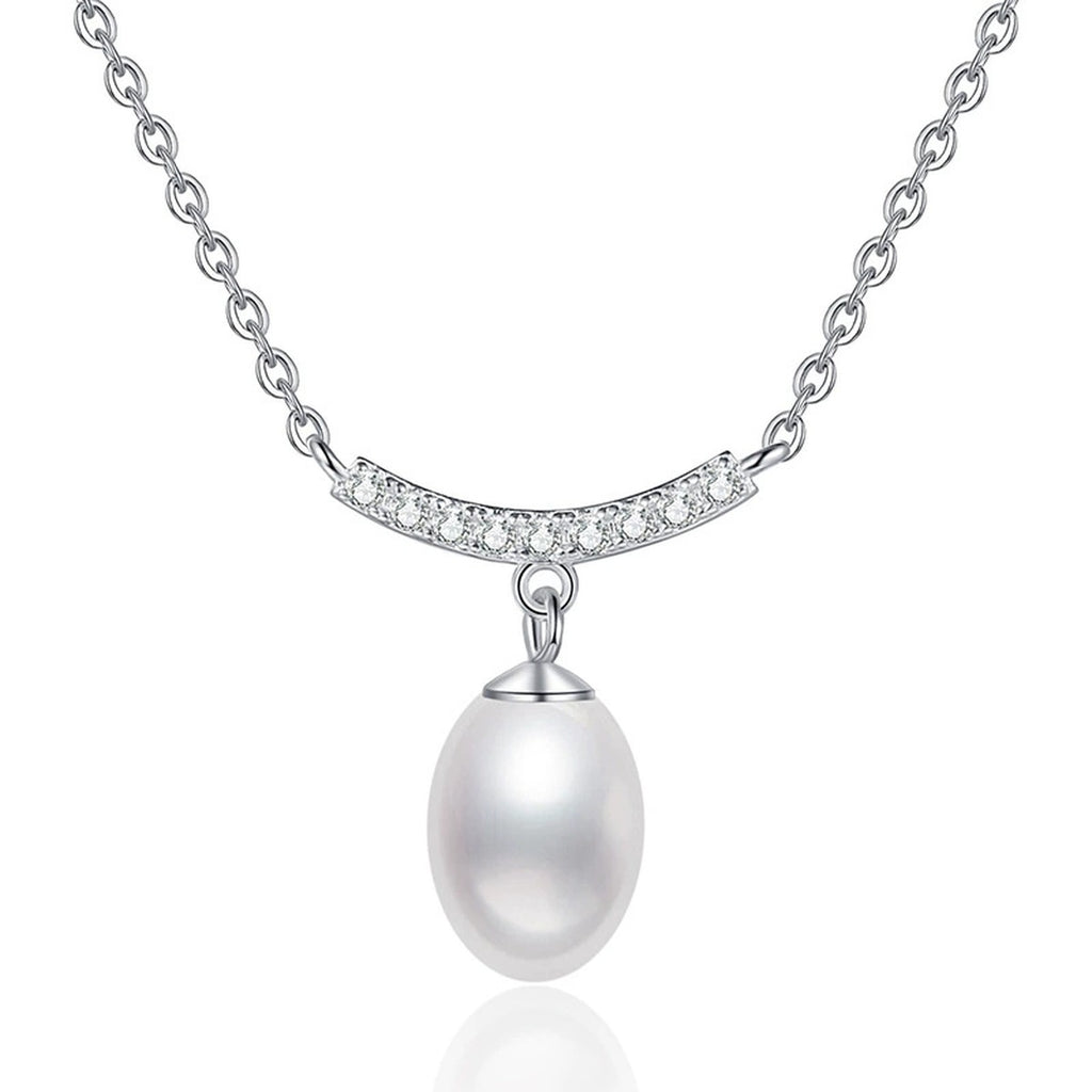 Curved Bar Moissanite Freshwater Pearl Pendant Necklace in White Gold-Plated S925 Sterling Silver on clean white background showing the curved bar pendant with a rice-shaped freshwater pearl