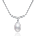 Curved Bar Moissanite Freshwater Pearl Pendant Necklace in White Gold-Plated S925 Sterling Silver on clean white background showing the curved bar pendant with a rice-shaped freshwater pearl
