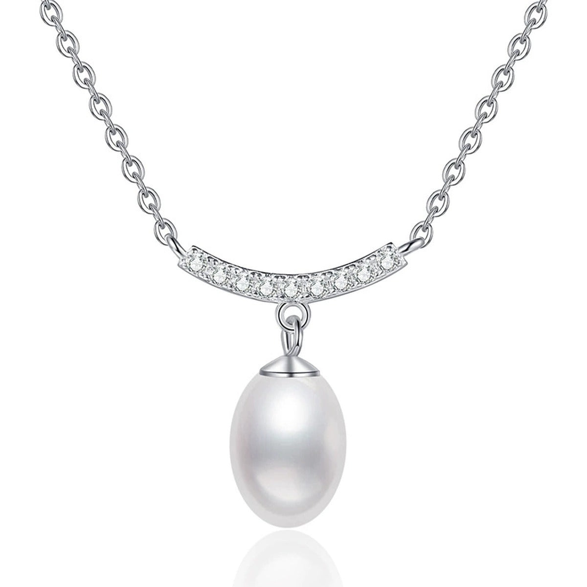 Curved Bar Moissanite Freshwater Pearl Pendant Necklace in White Gold-Plated S925 Sterling Silver on clean white background showing the curved bar pendant with a rice-shaped freshwater pearl
