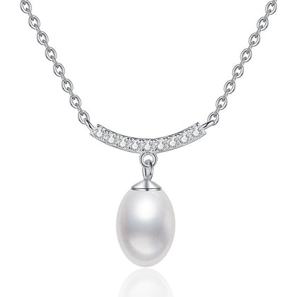 Curved Bar Moissanite Freshwater Pearl Pendant Necklace in White Gold-Plated S925 Sterling Silver on clean white background showing the curved bar pendant with a rice-shaped freshwater pearl