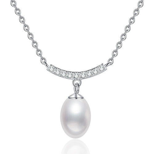 Curved Bar Moissanite Freshwater Pearl Pendant Necklace in White Gold-Plated S925 Sterling Silver on clean white background showing the curved bar pendant with a rice-shaped freshwater pearl