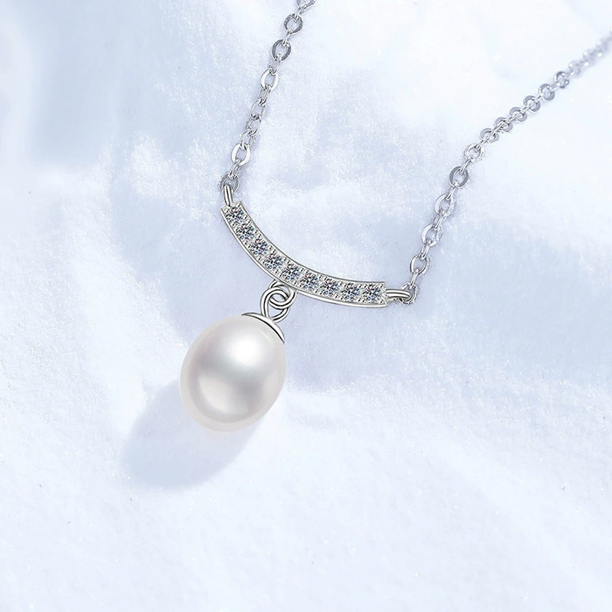 Curved Bar Moissanite Freshwater Pearl Pendant Necklace in White Gold-Plated S925 Sterling Silver close-up product detail view