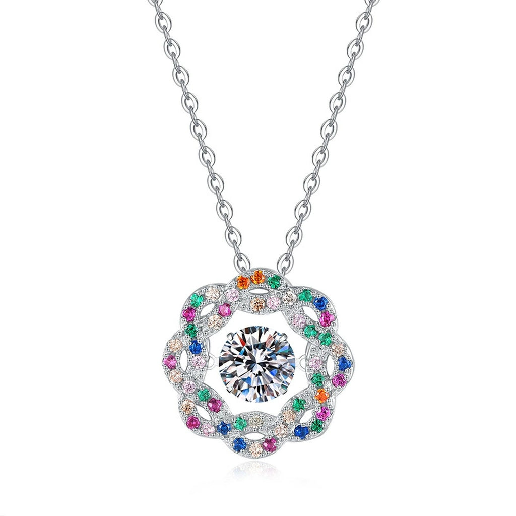 Rainbow Halo Moissanite Pendant Necklace with Cubic Zirconia in Platinum-Plated S925 Sterling Silver on clean white background showing the round rainbow halo pendant with multicolor cubic zirconia accents