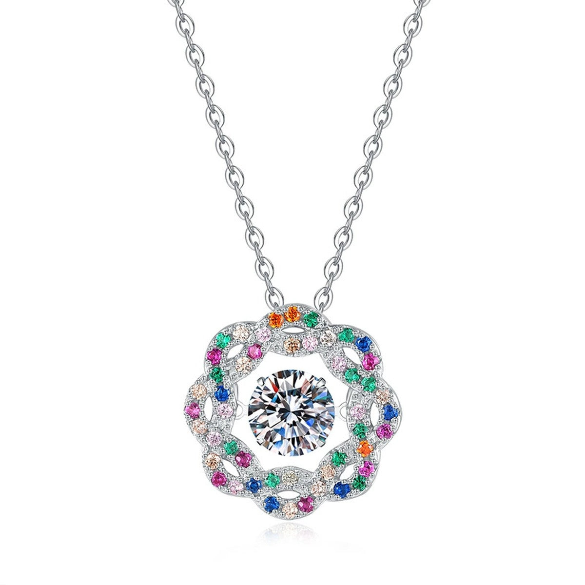 Rainbow Halo Moissanite Pendant Necklace with Cubic Zirconia in Platinum-Plated S925 Sterling Silver on clean white background showing the round rainbow halo pendant with multicolor cubic zirconia accents