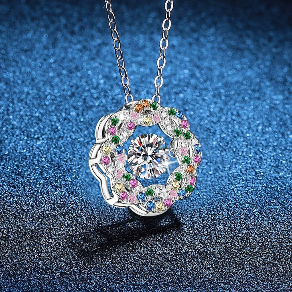 Rainbow Halo Moissanite Pendant Necklace with Cubic Zirconia in Platinum-Plated S925 Sterling Silver blue background product view