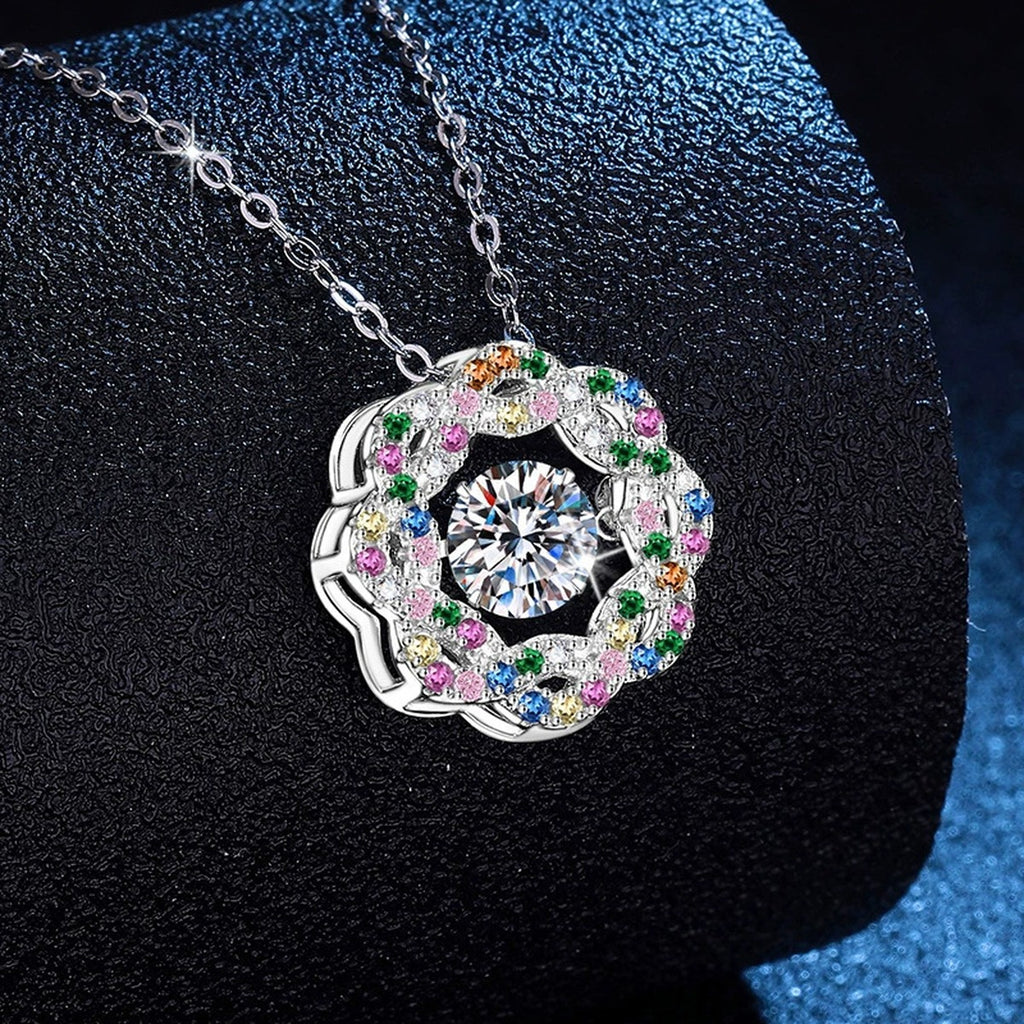 Rainbow Halo Moissanite Pendant Necklace with Cubic Zirconia in Platinum-Plated S925 Sterling Silver dark background product display view