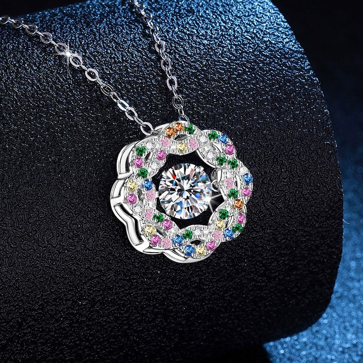Rainbow Halo Moissanite Pendant Necklace with Cubic Zirconia in Platinum-Plated S925 Sterling Silver dark background product display view