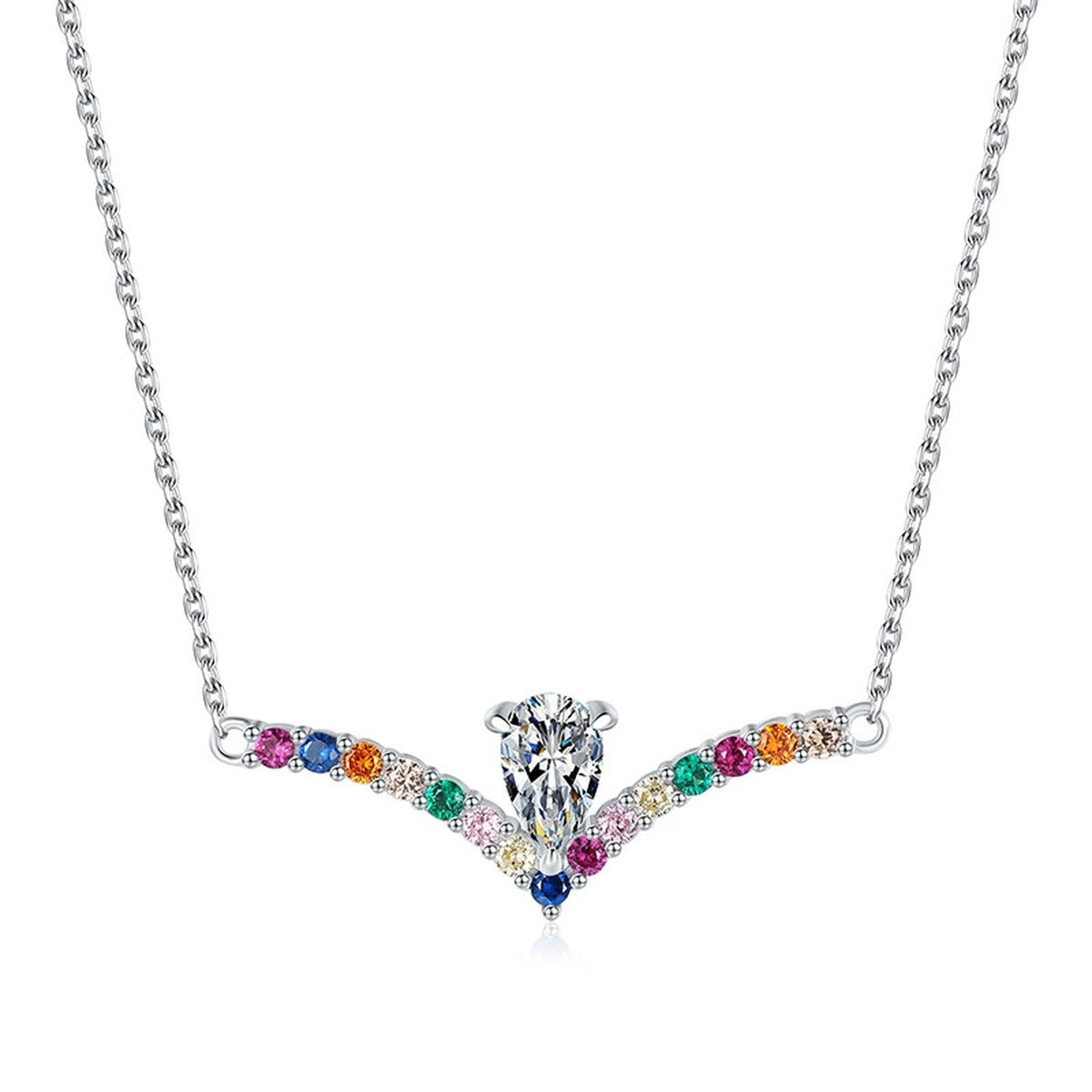 Rainbow Pear-Cut Moissanite Collar Necklace in Platinum-Plated S925 Sterling Silver on clean white background showing the rainbow curved collar necklace with a pear-cut center stone