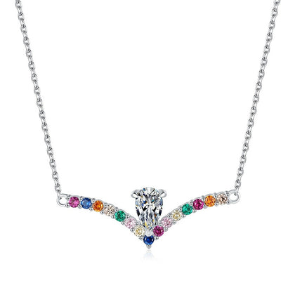 Rainbow Pear-Cut Moissanite Collar Necklace in Platinum-Plated S925 Sterling Silver on clean white background showing the rainbow curved collar necklace with a pear-cut center stone