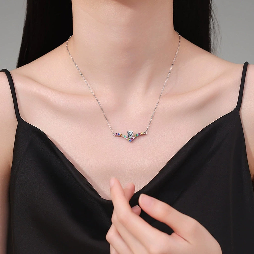Rainbow Pear-Cut Moissanite Collar Necklace in Platinum-Plated S925 Sterling Silver worn on neckline by model