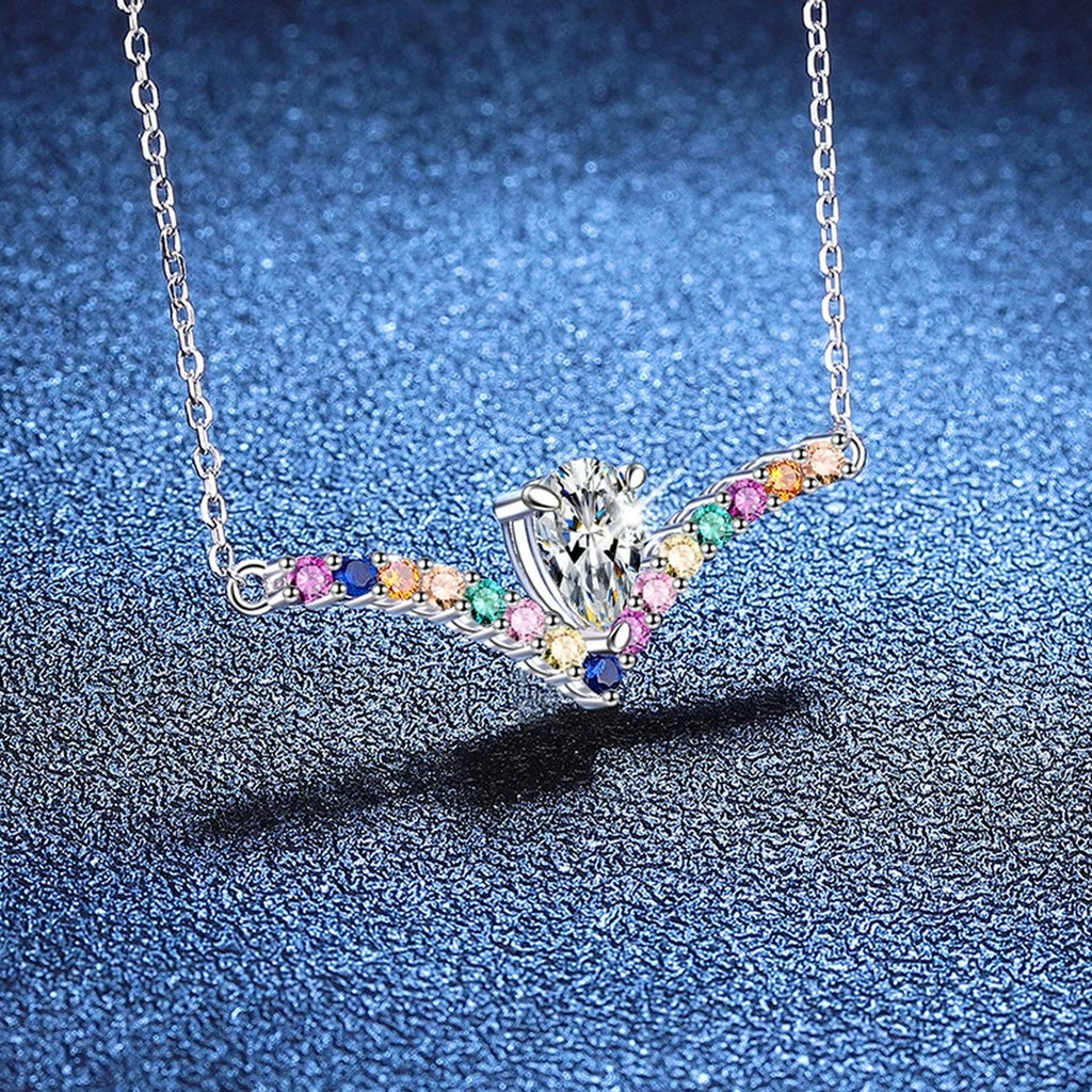 Rainbow Pear-Cut Moissanite Collar Necklace in Platinum-Plated S925 Sterling Silver blue background product view