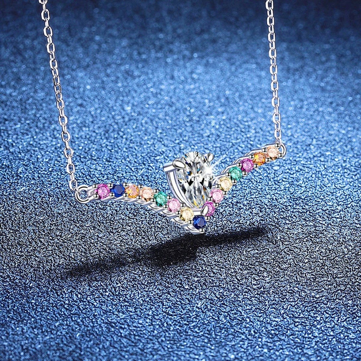 Rainbow Pear-Cut Moissanite Collar Necklace in Platinum-Plated S925 Sterling Silver blue background product view