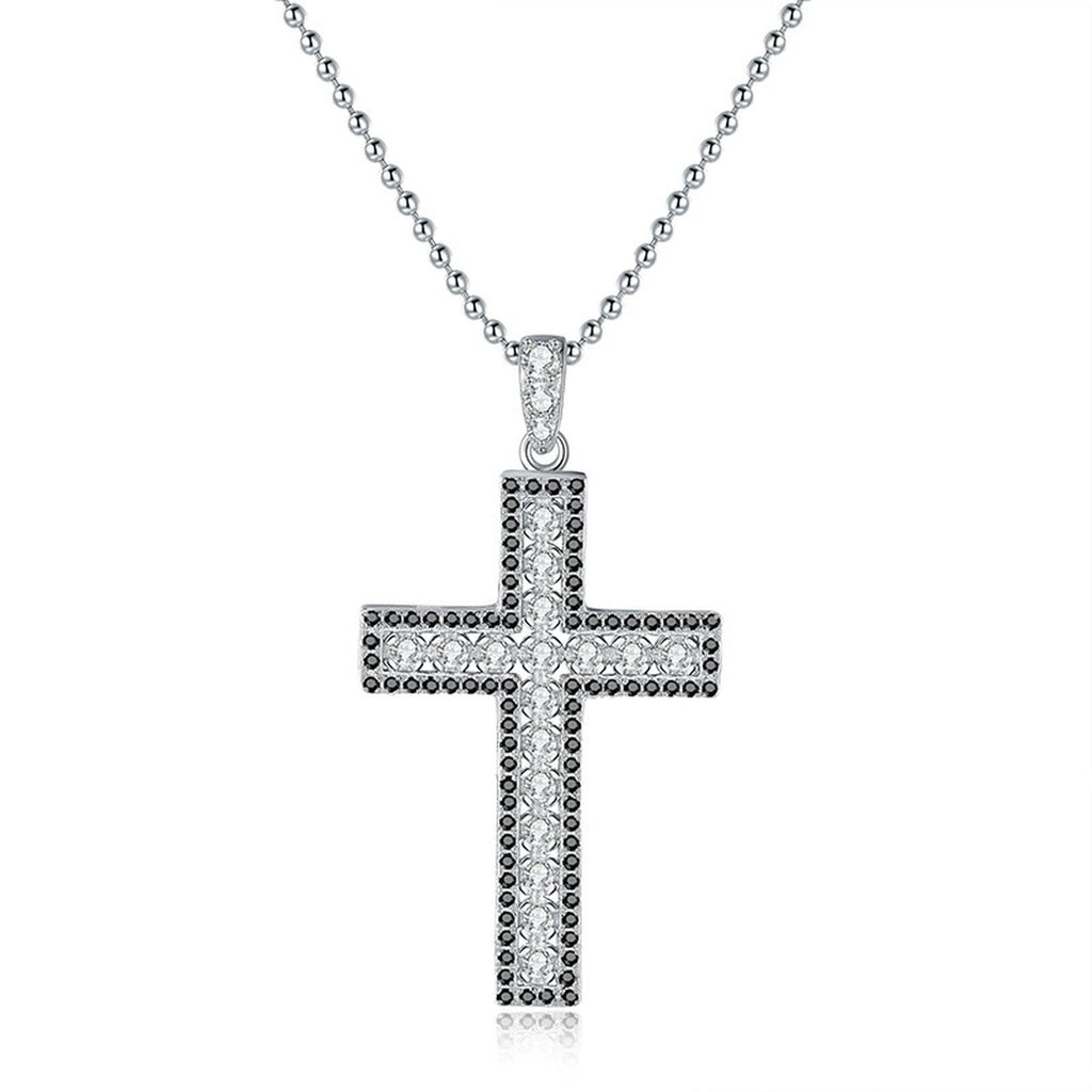 Cross Moissanite Pendant Necklace in Platinum-Plated S925 Sterling Silver on clean white background showing the bold cross pendant with small round moissanite stones