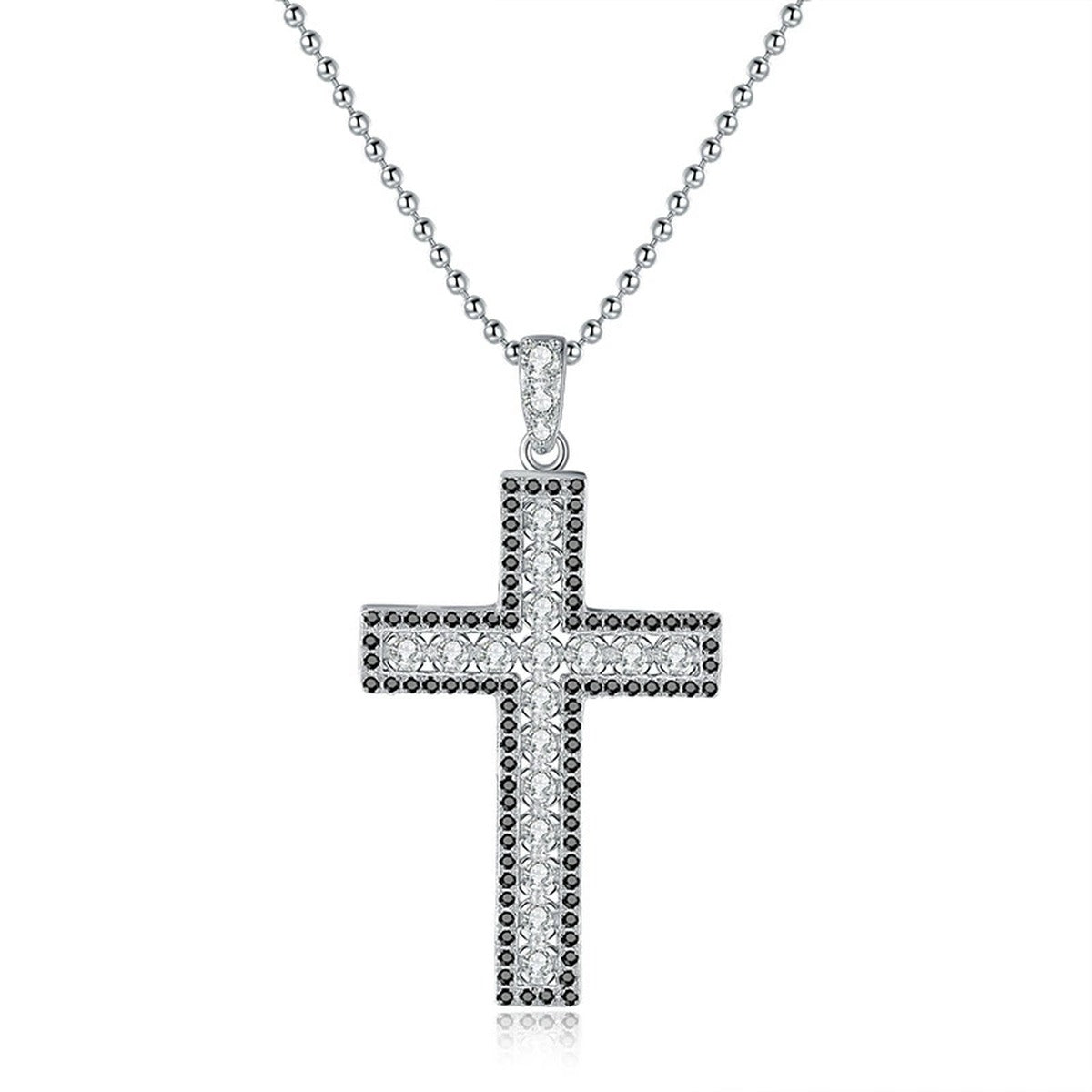 Cross Moissanite Pendant Necklace in Platinum-Plated S925 Sterling Silver on clean white background showing the bold cross pendant with small round moissanite stones