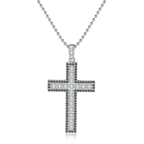 Cross Moissanite Pendant Necklace in Platinum-Plated S925 Sterling Silver on clean white background showing the bold cross pendant with small round moissanite stones