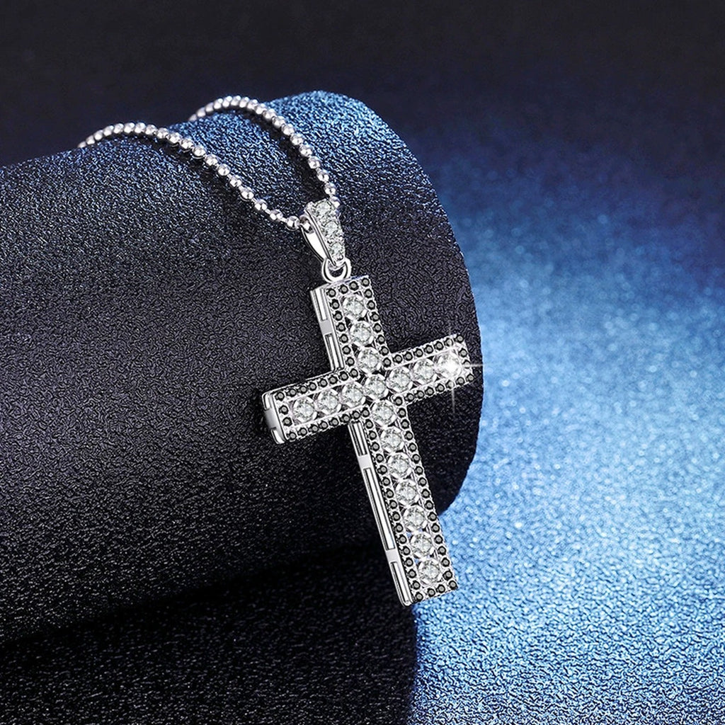 Cross Moissanite Pendant Necklace in Platinum-Plated S925 Sterling Silver blue background product view