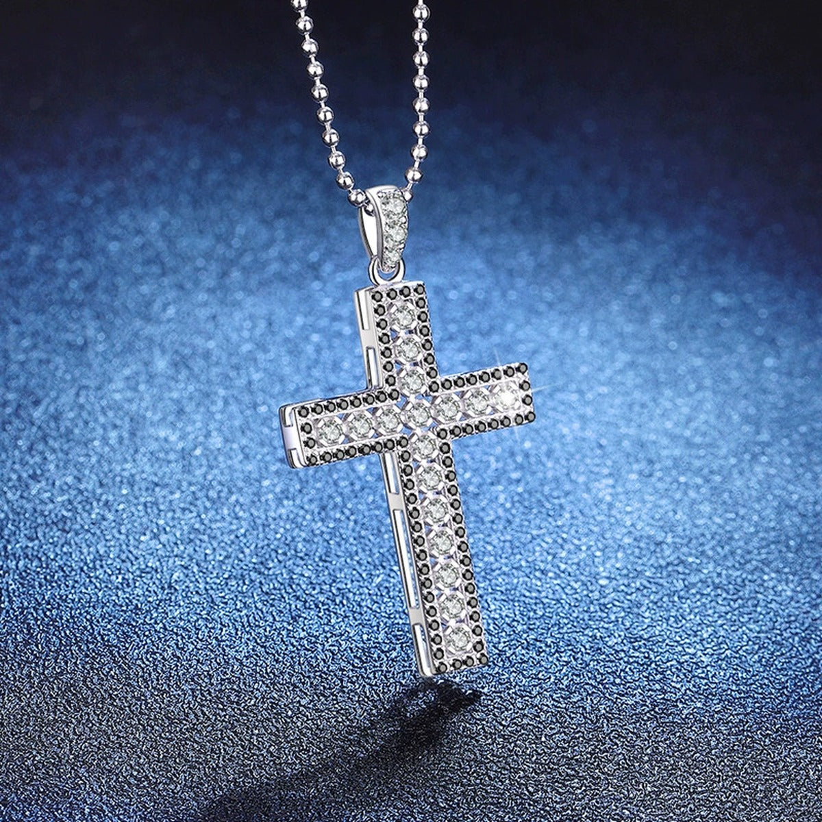 Cross Moissanite Pendant Necklace in Platinum-Plated S925 Sterling Silver blue background angled view