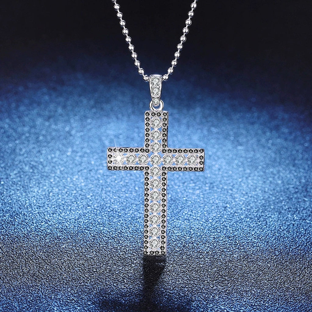 Cross Moissanite Pendant Necklace in Platinum-Plated S925 Sterling Silver blue background close-up view