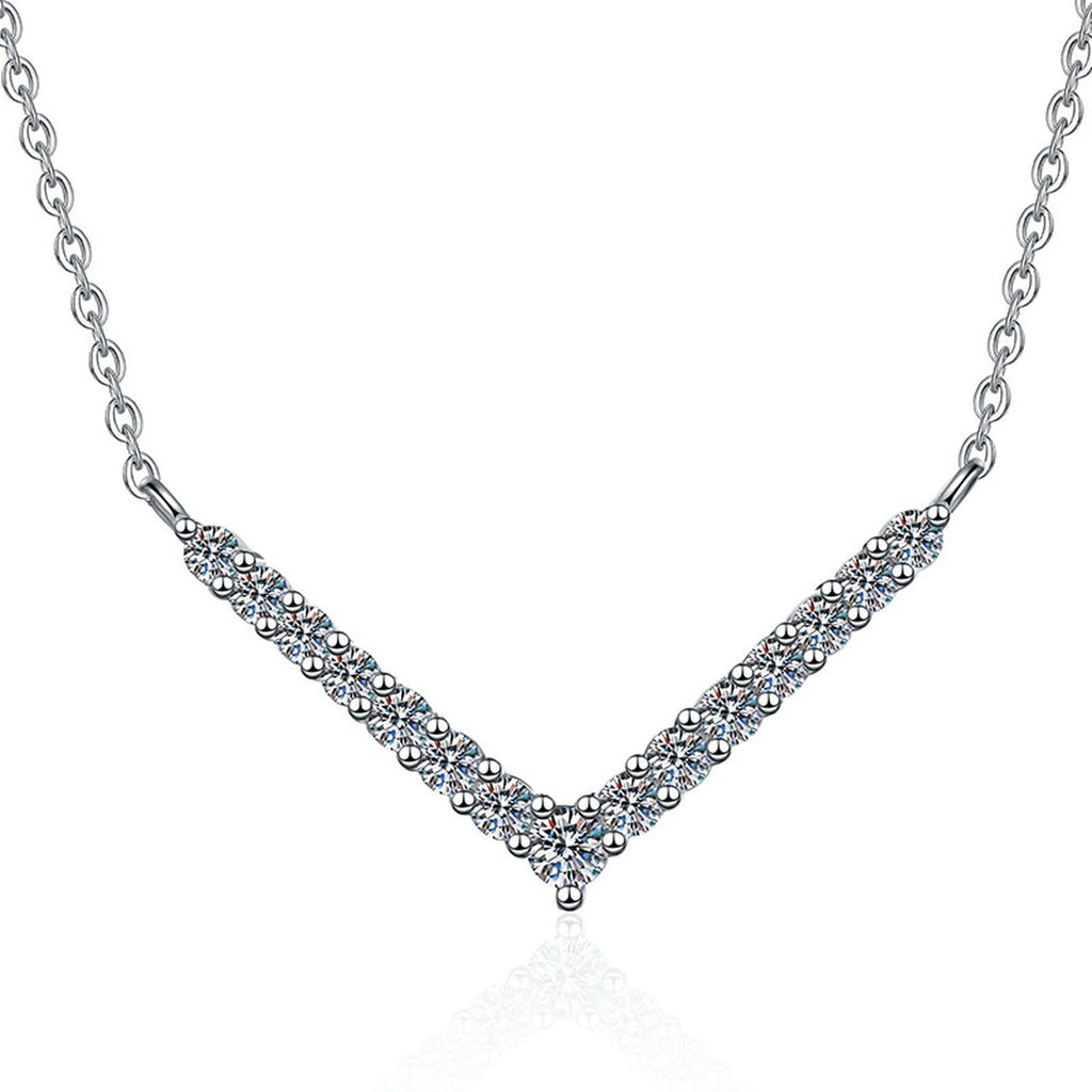 Chevron Moissanite Collar Necklace in Platinum-Plated S925 Sterling Silver on clean white background showing the chevron V-shaped collar necklace set with graduated stones
