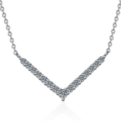 Chevron Moissanite Collar Necklace in Platinum-Plated S925 Sterling Silver on clean white background showing the chevron V-shaped collar necklace set with graduated stones
