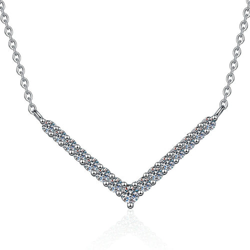 Chevron Moissanite Collar Necklace in Platinum-Plated S925 Sterling Silver on clean white background showing the chevron V-shaped collar necklace set with graduated stones