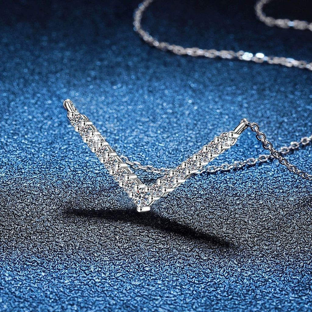 Chevron Moissanite Collar Necklace in Platinum-Plated S925 Sterling Silver blue background product view