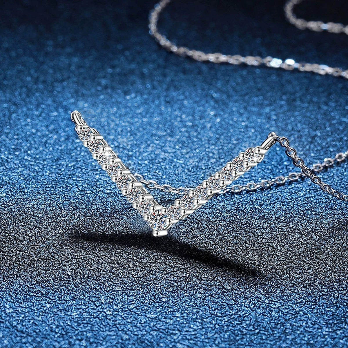 Chevron Moissanite Collar Necklace in Platinum-Plated S925 Sterling Silver blue background product view