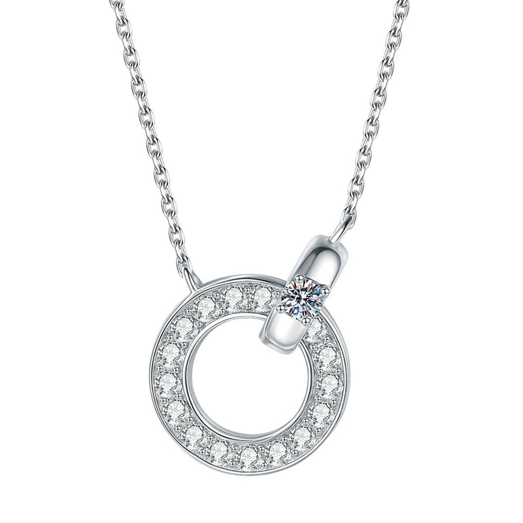 Circle Halo Moissanite Pendant Necklace in Platinum-Plated S925 Sterling Silver on clean white background showing the open circle pendant with a small moissanite accent
