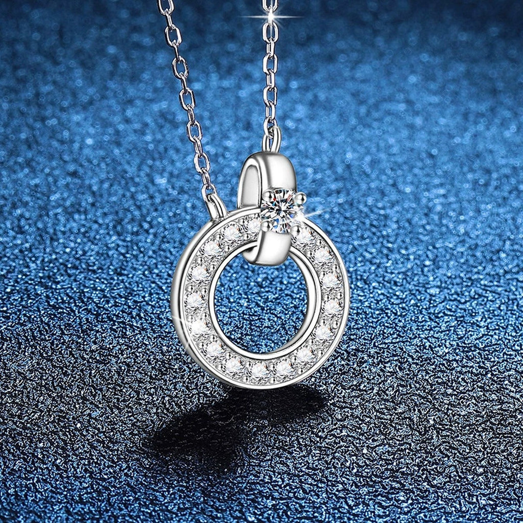 Circle Halo Moissanite Pendant Necklace in Platinum-Plated S925 Sterling Silver blue background product view