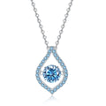 Blue Moissanite Teardrop Pendant Necklace in Platinum-Plated S925 Sterling Silver on clean white background showing the teardrop pendant with a blue moissanite center and blue side stones