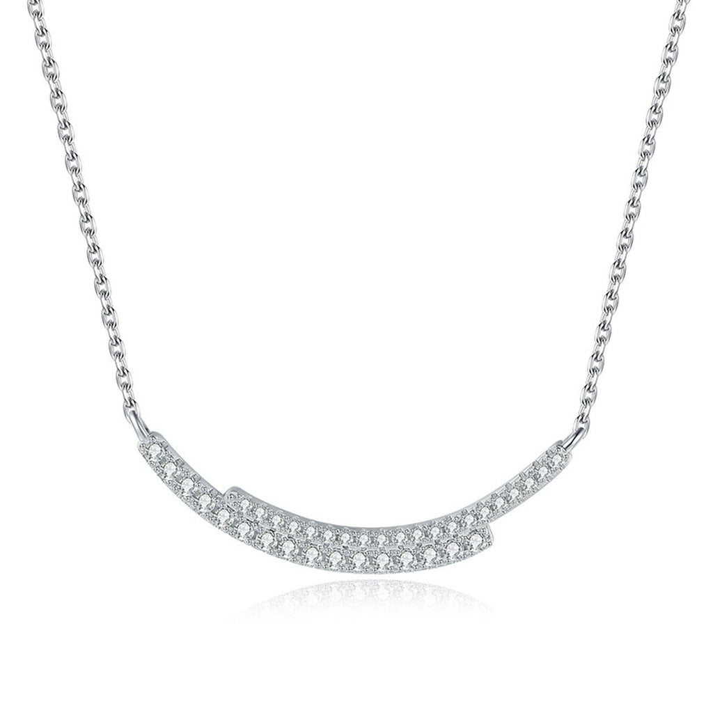 Curved Moissanite Bar Necklace in Platinum-Plated S925 Sterling Silver on clean white background showing the curved bar necklace with petite round moissanite stones
