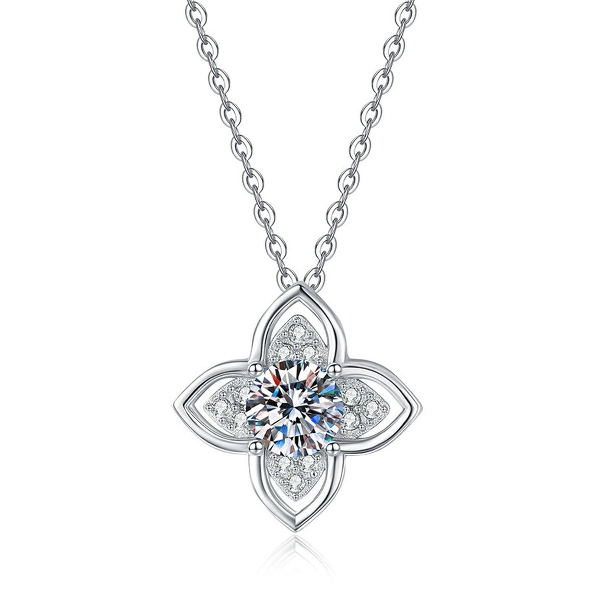 Four-Petal Halo Moissanite Pendant Necklace in Platinum-Plated S925 Sterling Silver on clean white background showing the four-petal floral halo pendant
