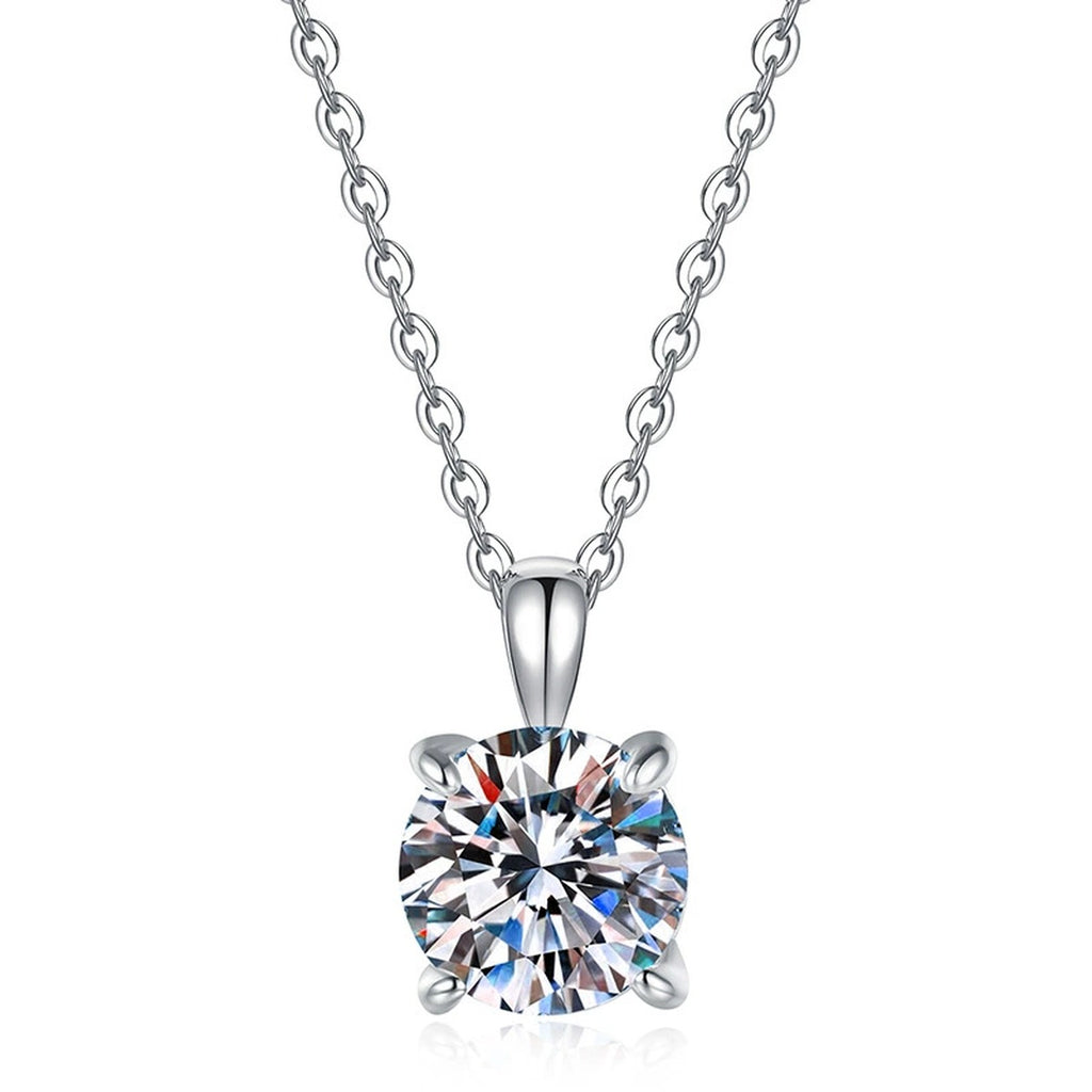 Round Solitaire Moissanite Pendant Necklace in S925 Sterling Silver on clean white background showing the classic four-prong round solitaire pendant