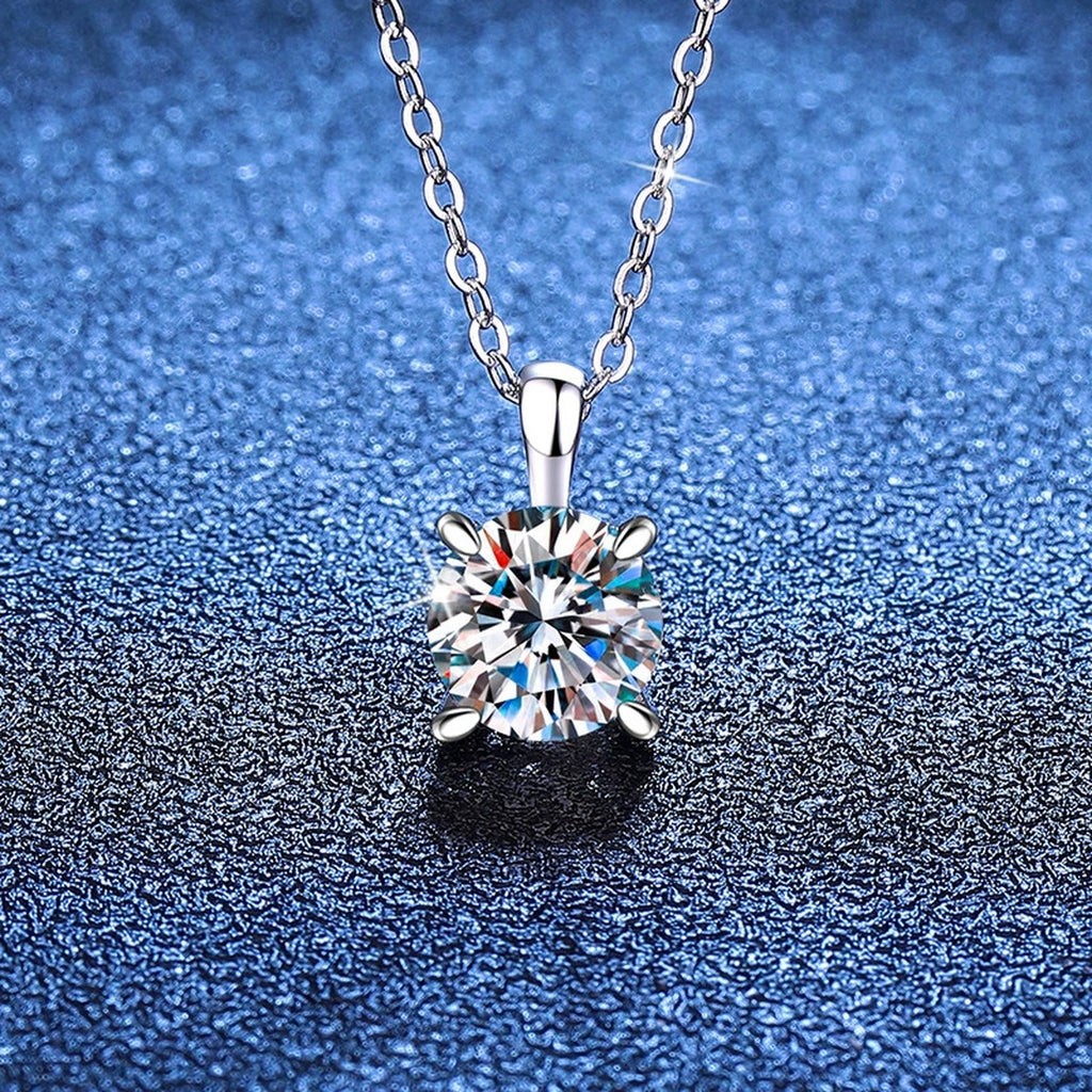 Round Solitaire Moissanite Pendant Necklace in S925 Sterling Silver blue background product view