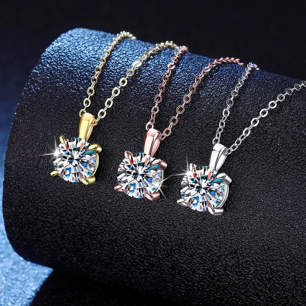 Round Solitaire Moissanite Pendant Necklace in S925 Sterling Silver dark background product display view